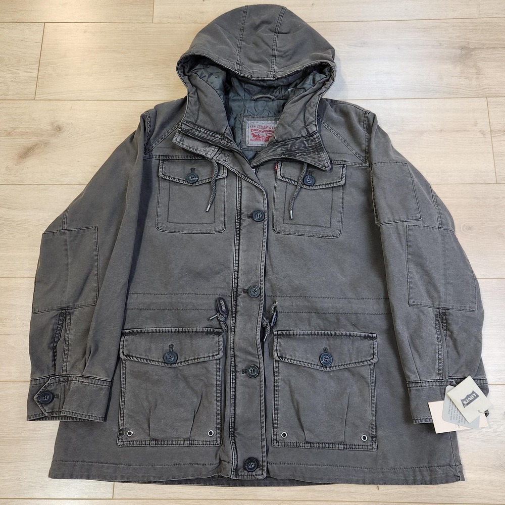 Levis Military Jacket Mens 2XL Green Hooded Canvas Parka Lined Winter Casual
